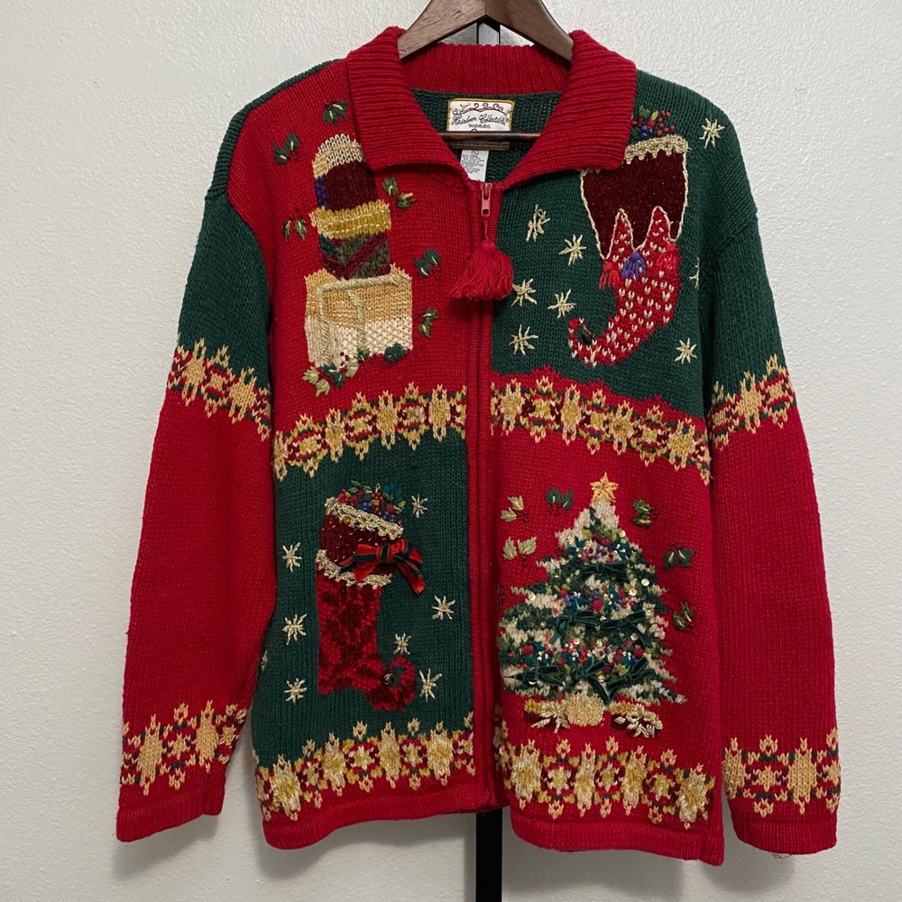 Vintage Women's Knit Christmas Sweater Cardigan Full Zip Festive Holiday - Picture 1 of 9